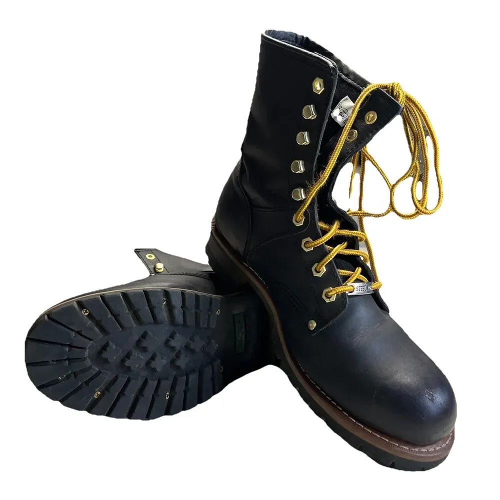 AdTech Men Black Leather Work Boots Stock No 1428 Steel Toe Size 13M Industrial